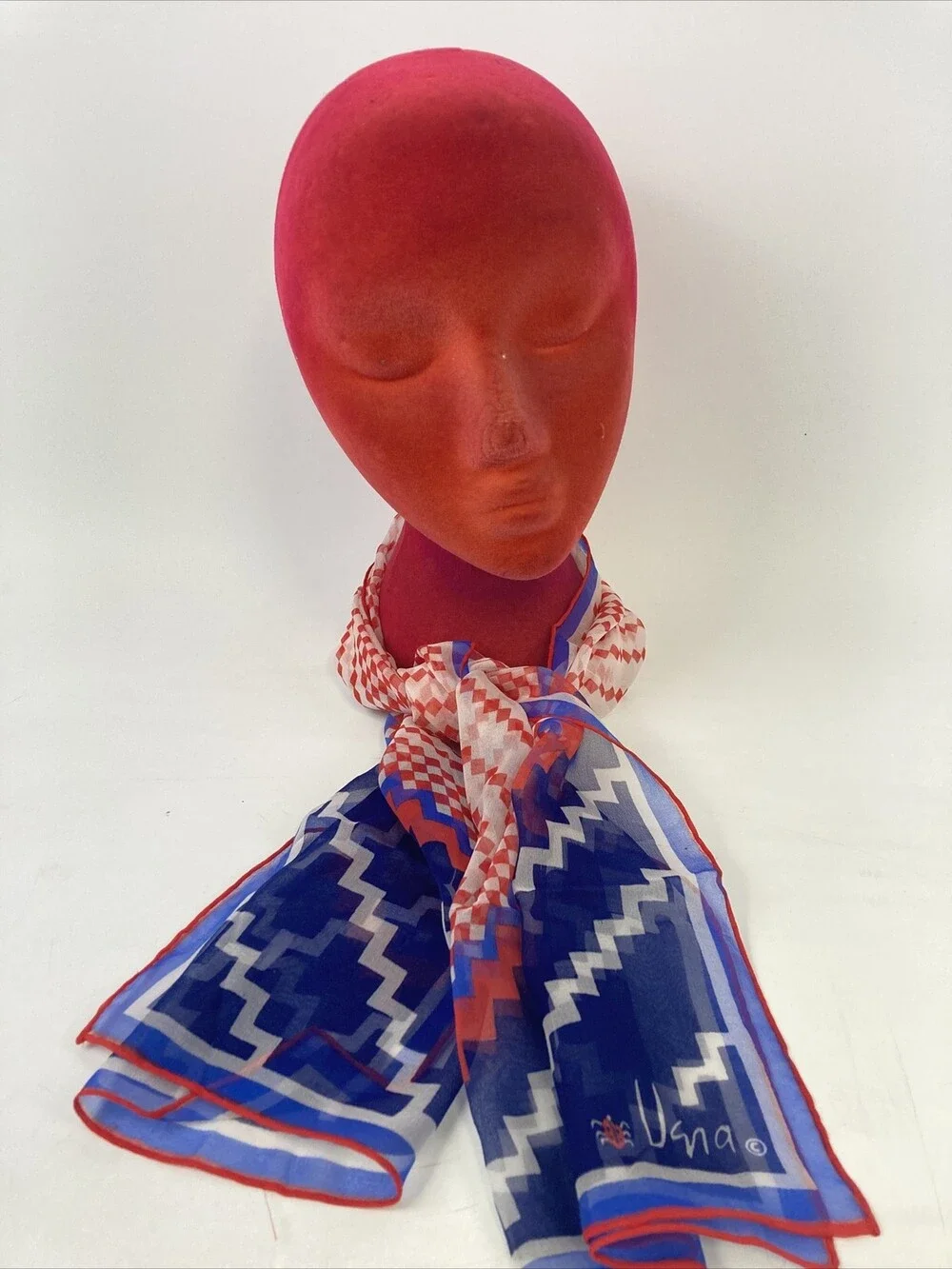 VTG Vera Neumann Ladybug Sheer Scarf Red White Blue Geometric Patriotic Zig Zag